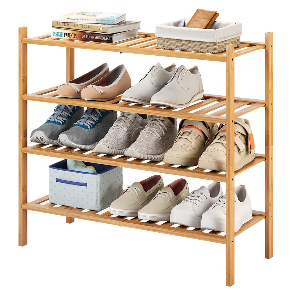 4-Tier Bamboo Shoe Rack for Entryway, Stackable | Heavy Duty | Multi-Function, Free Standing Shoe Racks for Bedroom Hallway Clos