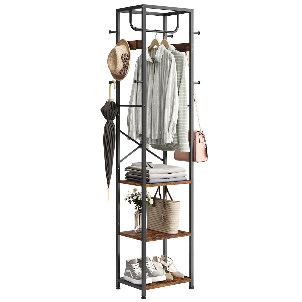 ELYKEN Coat Rack Freestanding, Hall Tree with 3 Storage Shelves and 12 Hooks, Industrial Clothes Rack Stand Organizer for Bedroo