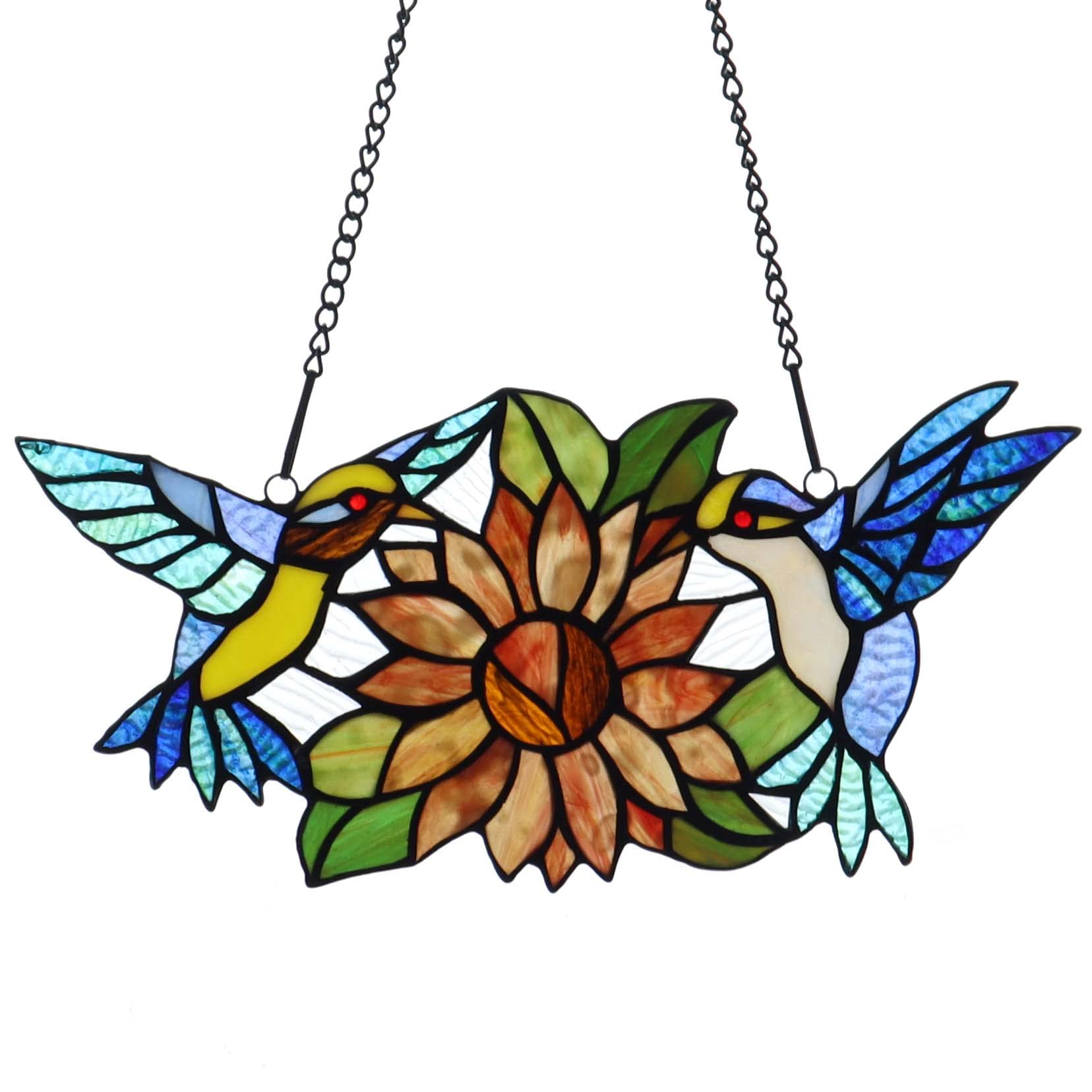 Bieye W10006 Hummingbirds Flower Tiffany Style Stained Glass Window Hangings Panel with Chain, 15 W x 7 H