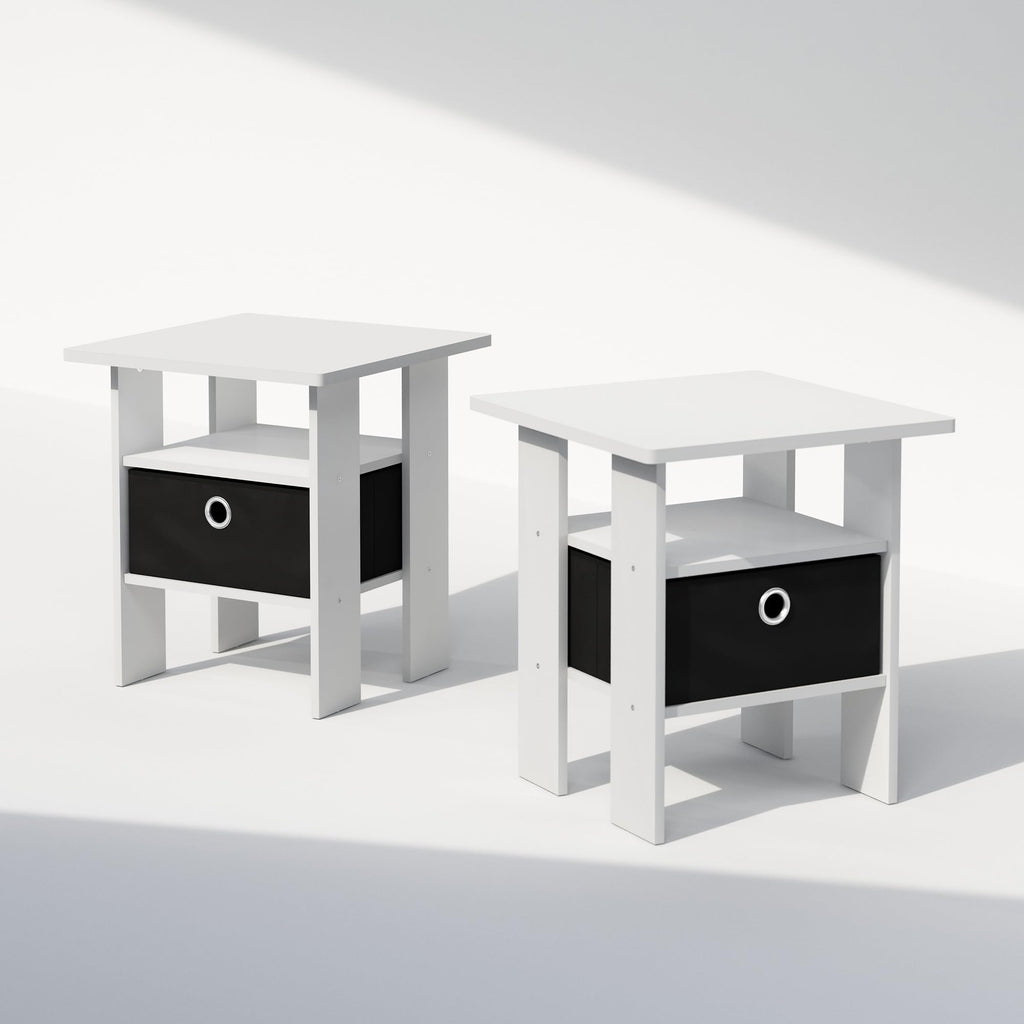 Furinno Tidur Bedside Table Nightstand With Bin Drawer, White/Black, Set Of 2