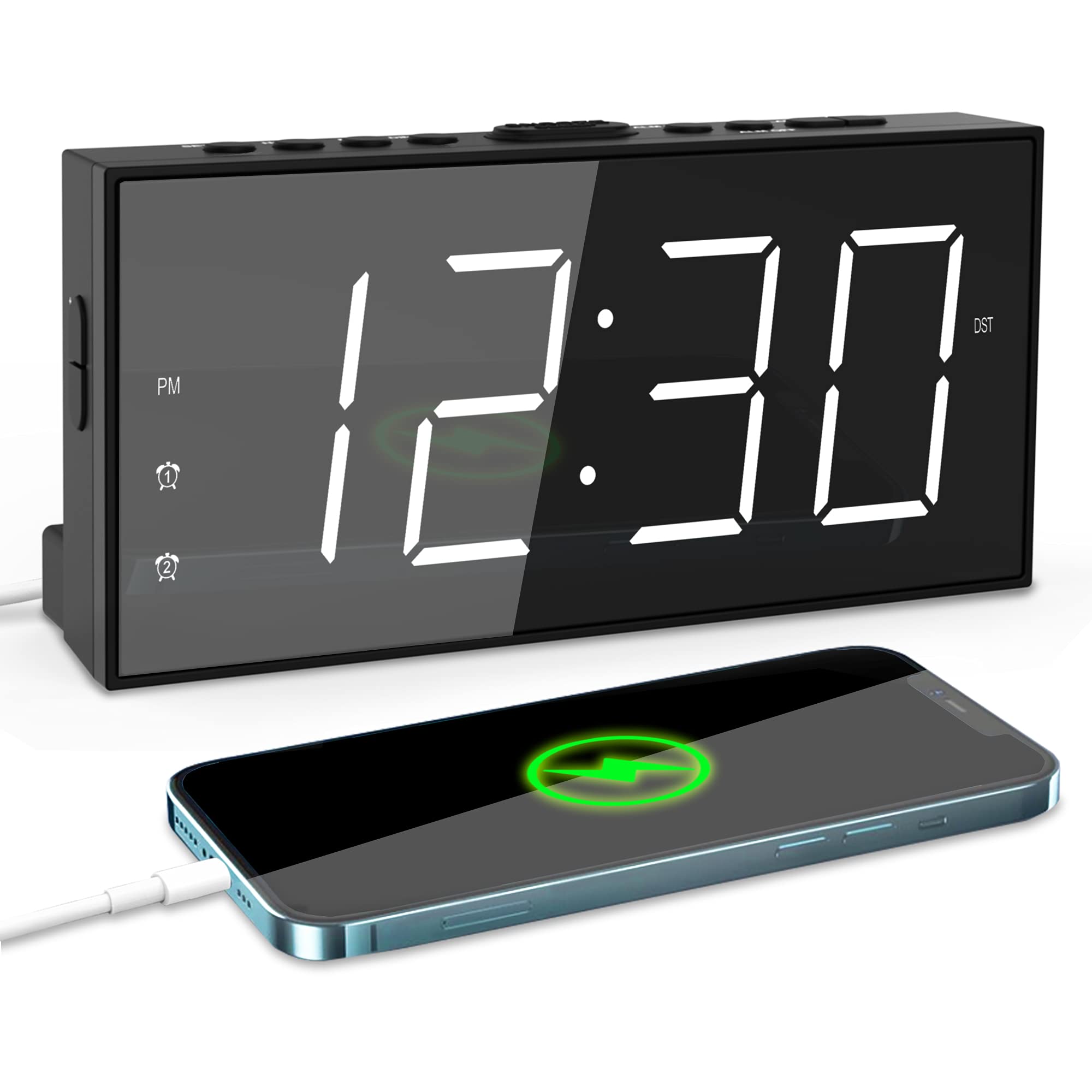 Digital Alarm Clock, 7.5 LED Big Number Clock for Bedroom with 2 Alarms,USB Charging Port,Battery Backup,Dimmer,Adjustable Volum