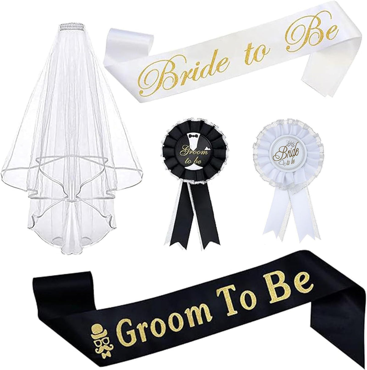 Bride to Be Veil, 5pcs Wedding Bride to Be Props Set with Sashes, Badges and Veil,Bride to be Decoration Set,Bride to Be Decorat