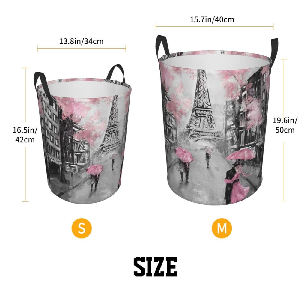 Dujiea Eiffel Tower Pink Lovers In Paris Laundry Basket Round With Handle, Collapsible Foldable Canvas Storage Bin Dirty Clothes
