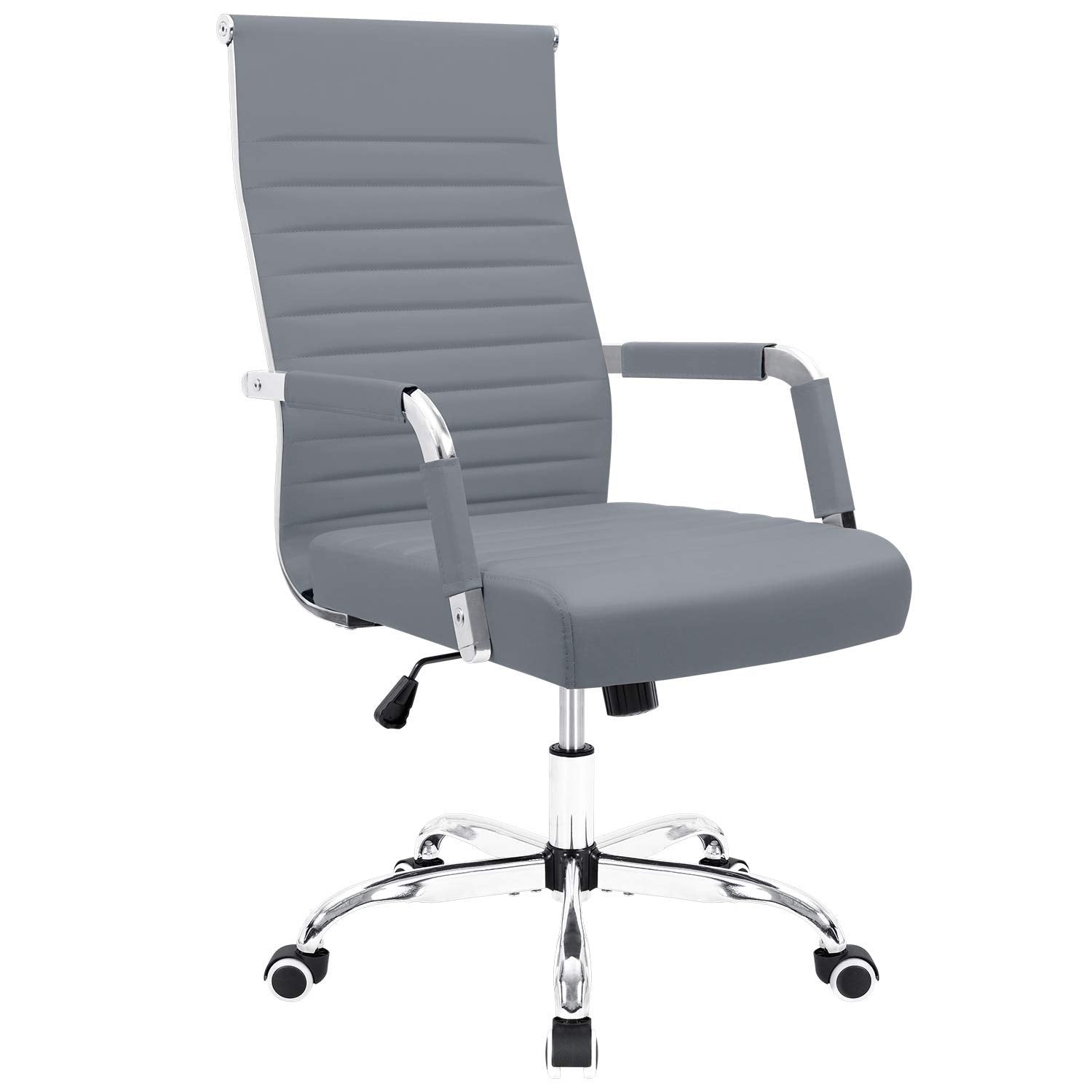 Furmax Ribbed Office Desk Chair Mid-Back Pu Leather Executive Conference Task Chair Adjustable Swivel Chair With Arms (Grey)