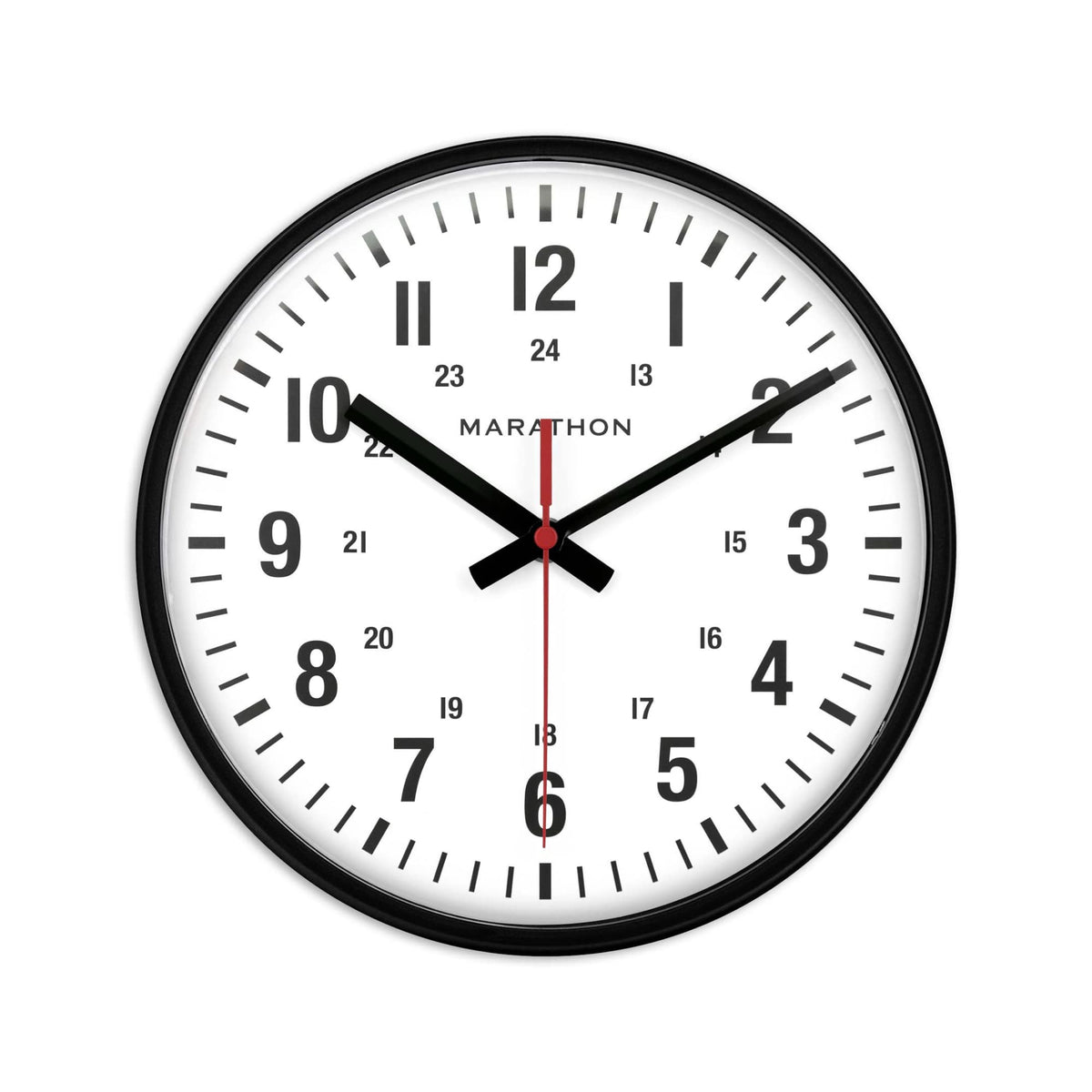 MARATHON 10    Analog Clock, Black - Silent, Continuous-Sweep Second Hand - Easy-to-Read Dial - 12 & 24-Hour Markers - Integrate