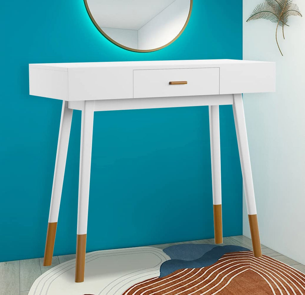 Ehemco Euro Console Sofa Table For Entryway With Drawer And Bamboo Legs In White And Dark Oak, Great For Living Room