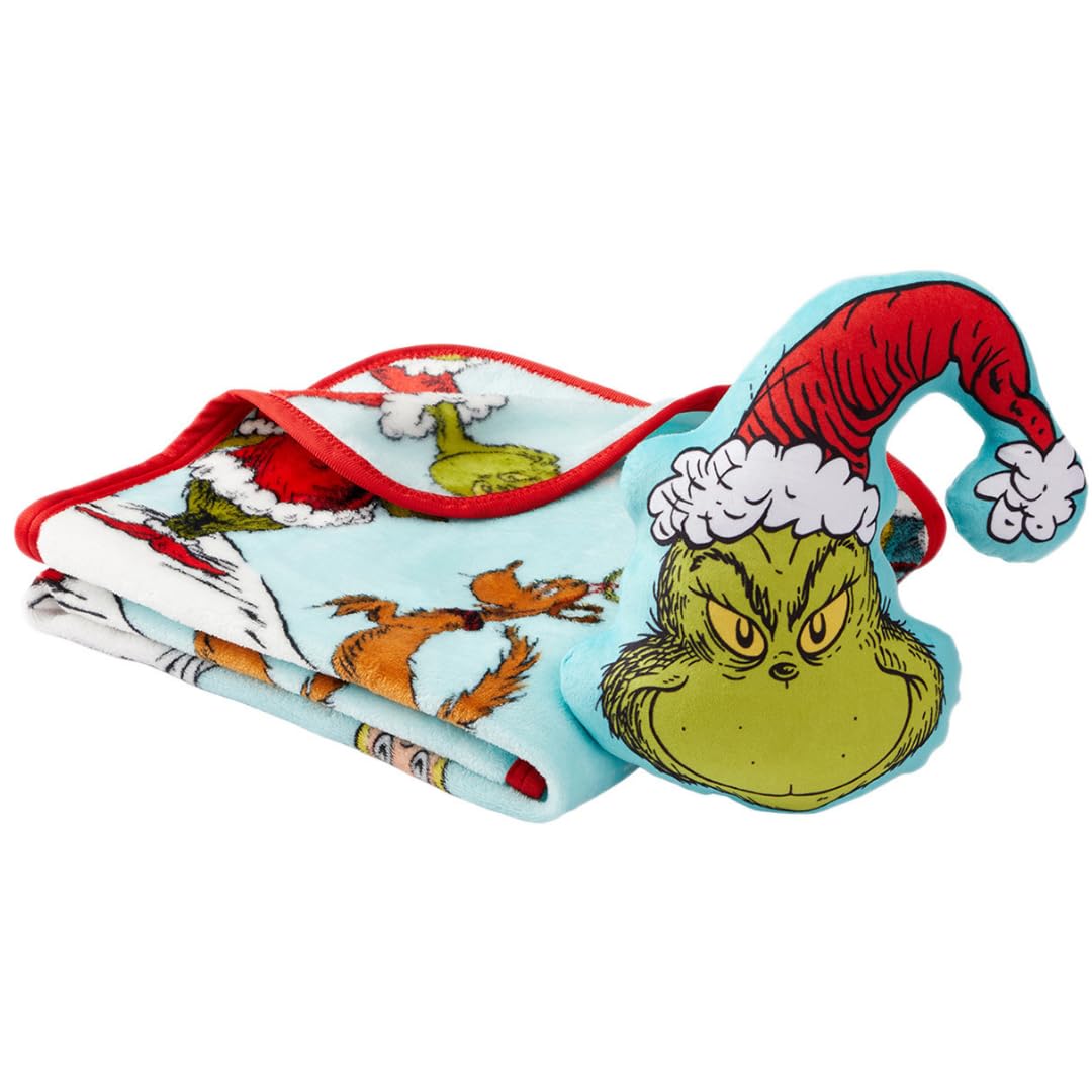 Franco Bedding Christmas Holiday Super Soft Plush Cuddle Buddy, One Size, Grinch Throw + Pillow Set-Whoville