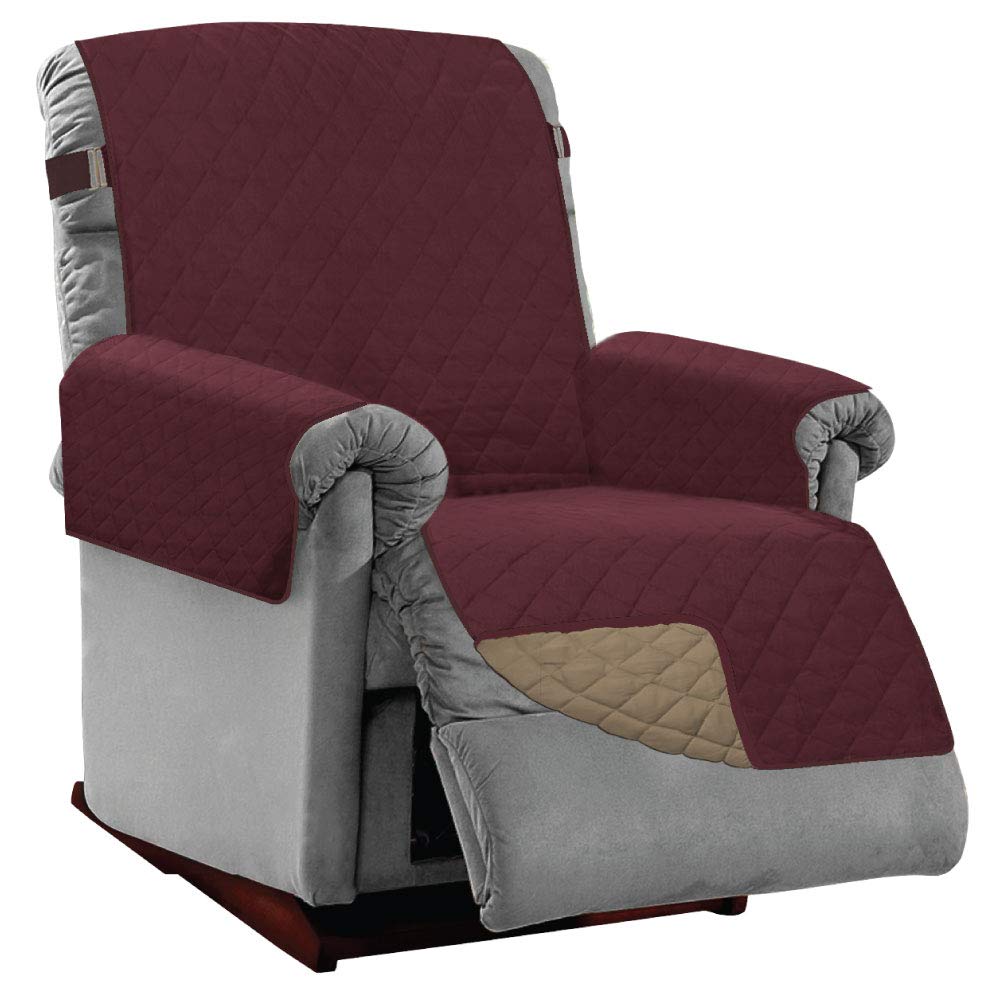 Sofa Shield Patented Recliner Slip Cover, Large Cushion Protector, Reversible Stain And Dog Tear Resistant Slipcover, Quilted Microfiber 28” Seat, Washable Covers For Dogs Pets Kids, Burgundy Tan