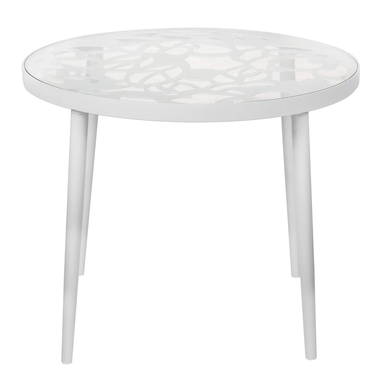 LeisureMod White End Table with Glass Top and Aluminum Base for Indoor & Outdoor Use