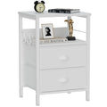 Furologee Nightstand with 2 Fabric Drawers, White Bedside Table with 2-Tier Shelf, Side Table with Hooks and Wood Top for Bedroo