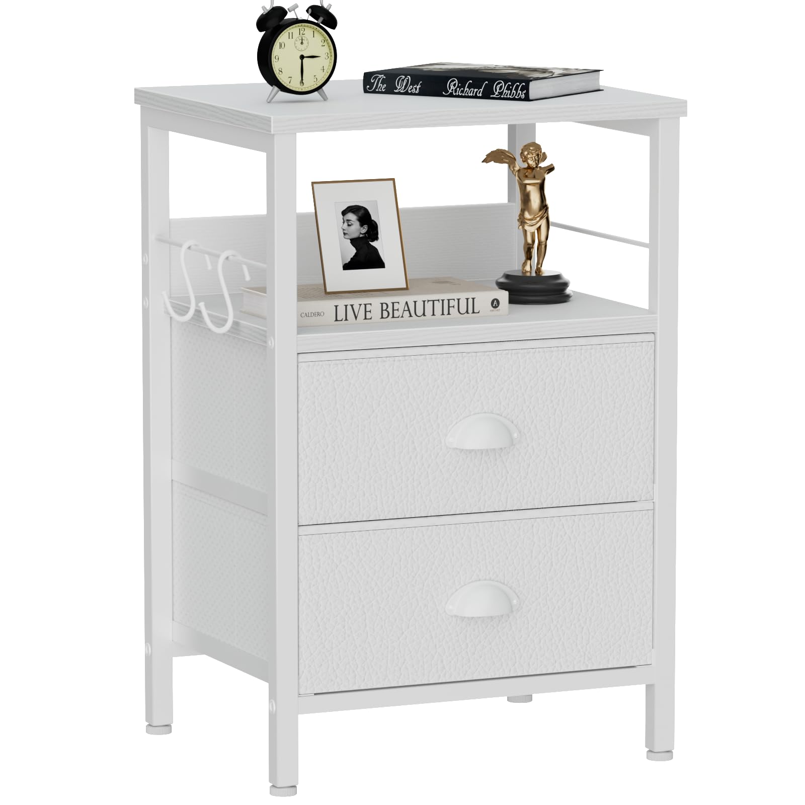 Furologee Nightstand with 2 Fabric Drawers, White Bedside Table with 2-Tier Shelf, Side Table with Hooks and Wood Top for Bedroo