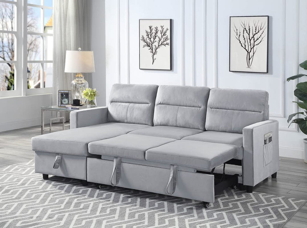 Lilola Home Ruby Light Gray Velvet Reversible Sleeper Sectional Sofa with Storage Chaise and Side Pocket