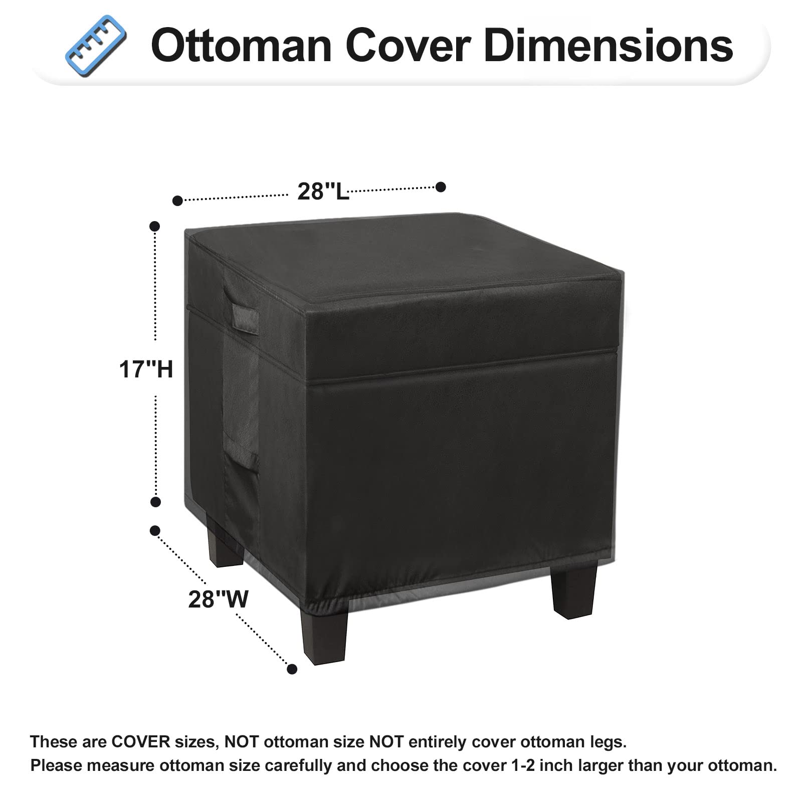 Outdoorlines Outdoor Waterproof Patio Ottoman Covers - Square Uv-Proof Patio Side Table Cover Windproof Heavy-Duty Furniture Covering Protector 28L X 28W X 17H Inch, Black