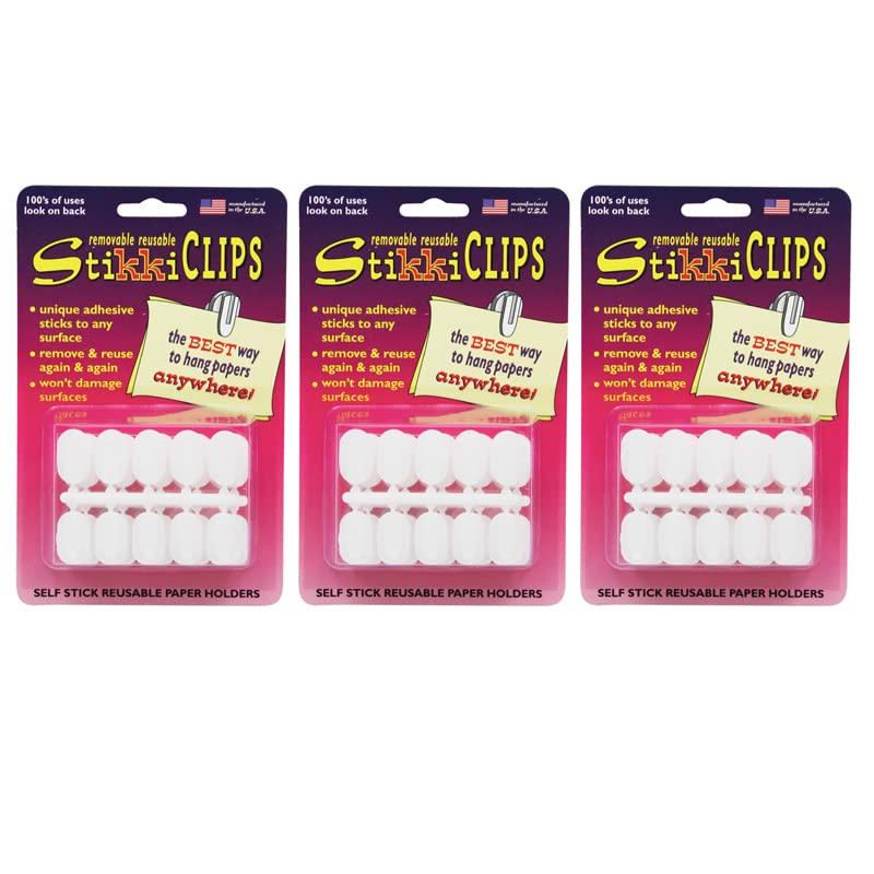 Stikkiworks Stikkiclips Adhesive Clips, White, 30 Per Pack, 3 Packs