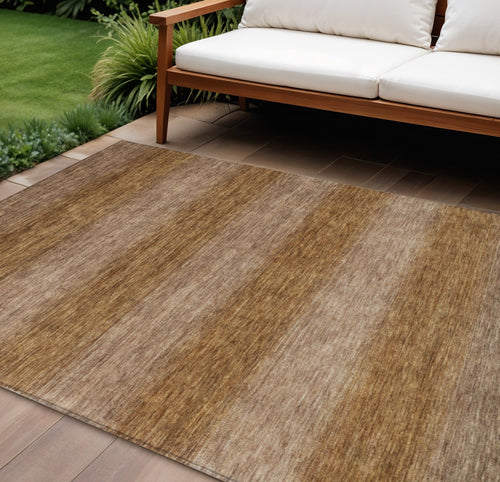 10 X 14 Brown And Khaki Striped Washable Indoor Outdoor Area Rug