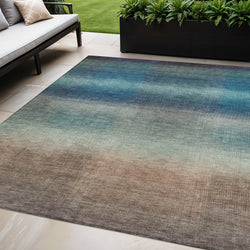 5 X 8 Blue And Copper Abstract Washable Indoor Outdoor Area Rug