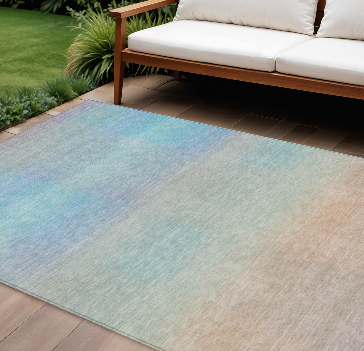 10 X 14 Sky Blue And Peach Abstract Washable Indoor Outdoor Area Rug