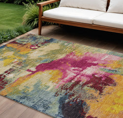 10 X 14 Ruby Red Pink And Yellow Abstract Washable Indoor Outdoor Area Rug