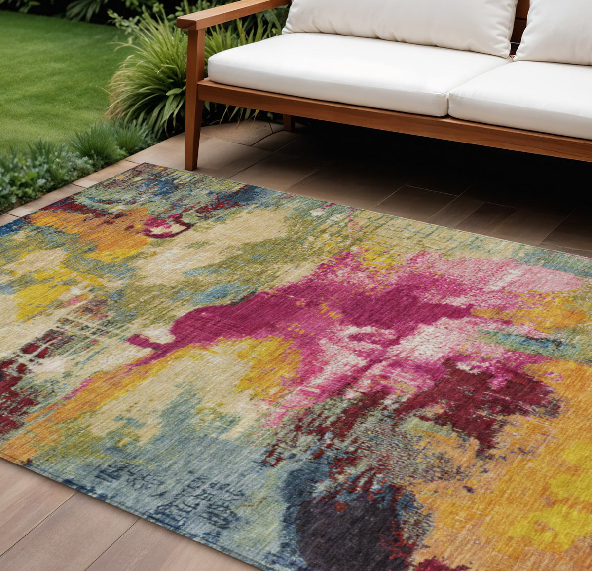 10 X 14 Ruby Red Pink And Yellow Abstract Washable Indoor Outdoor Area Rug