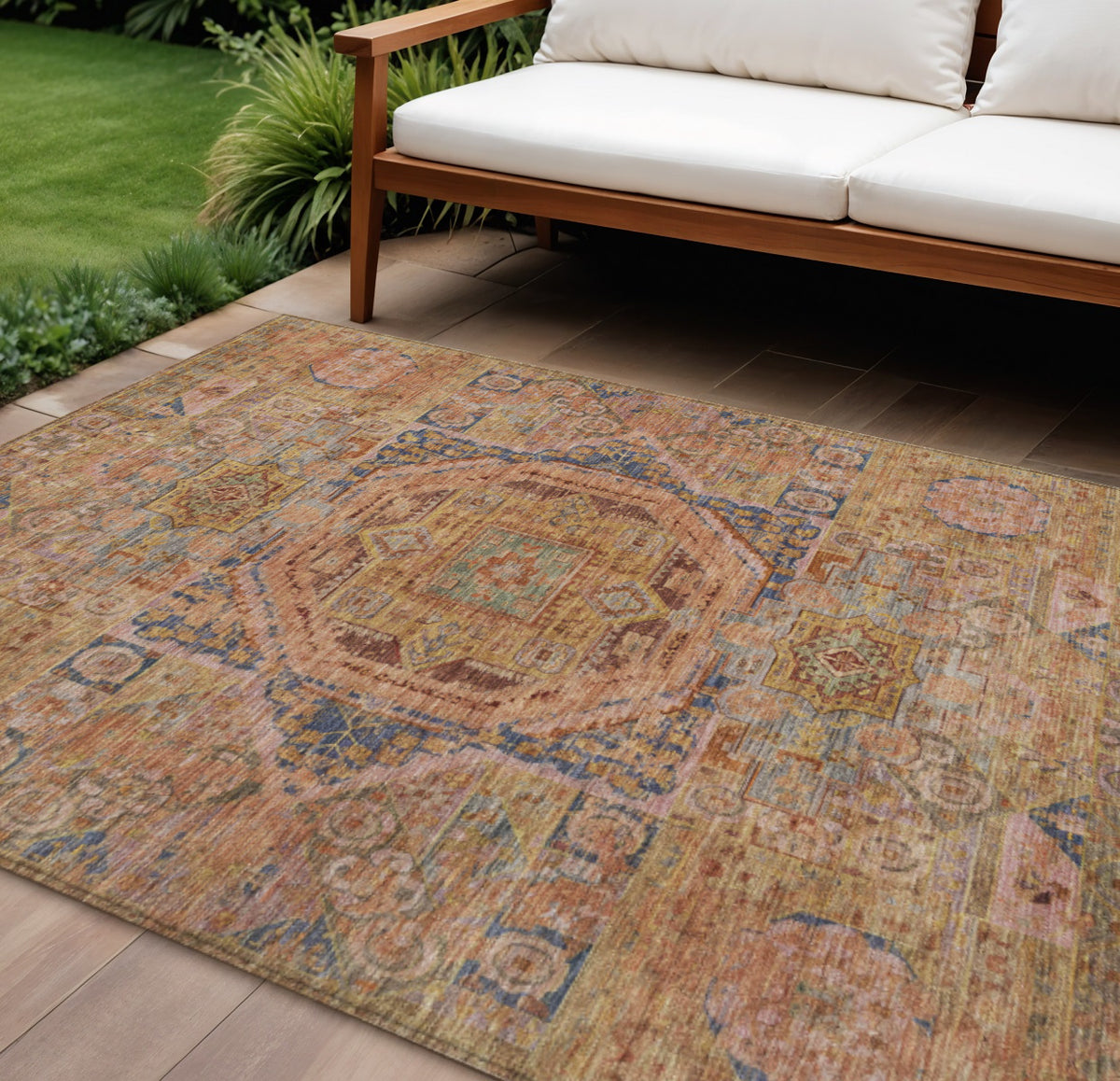 10 X 14 Rust And Blue Medallion Washable Indoor Outdoor Area Rug