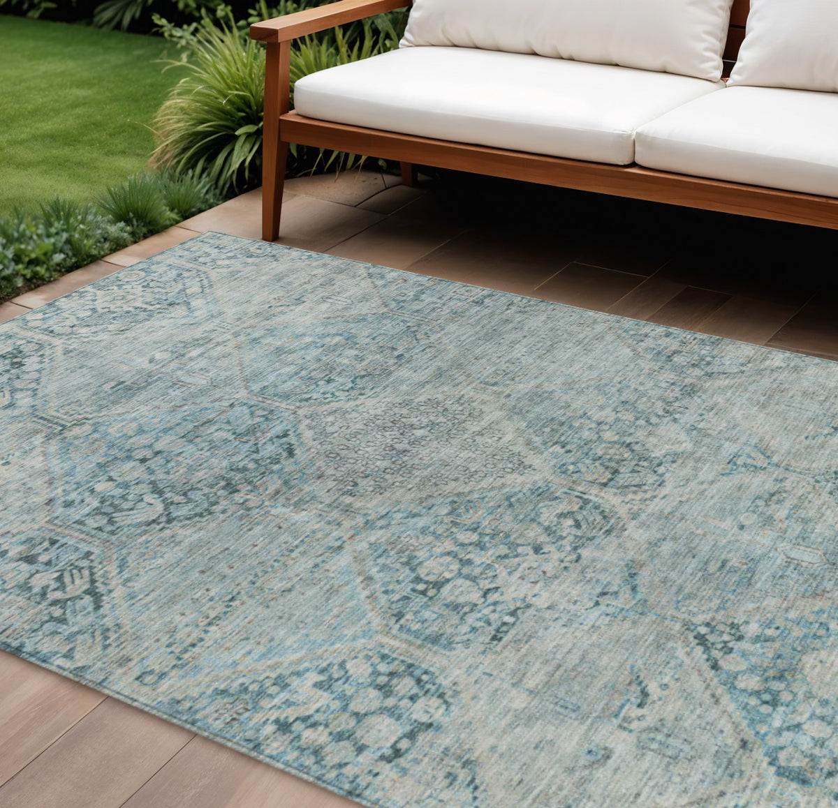 8 X 10 Blue And Silver Geometric Washable Indoor Outdoor Area Rug