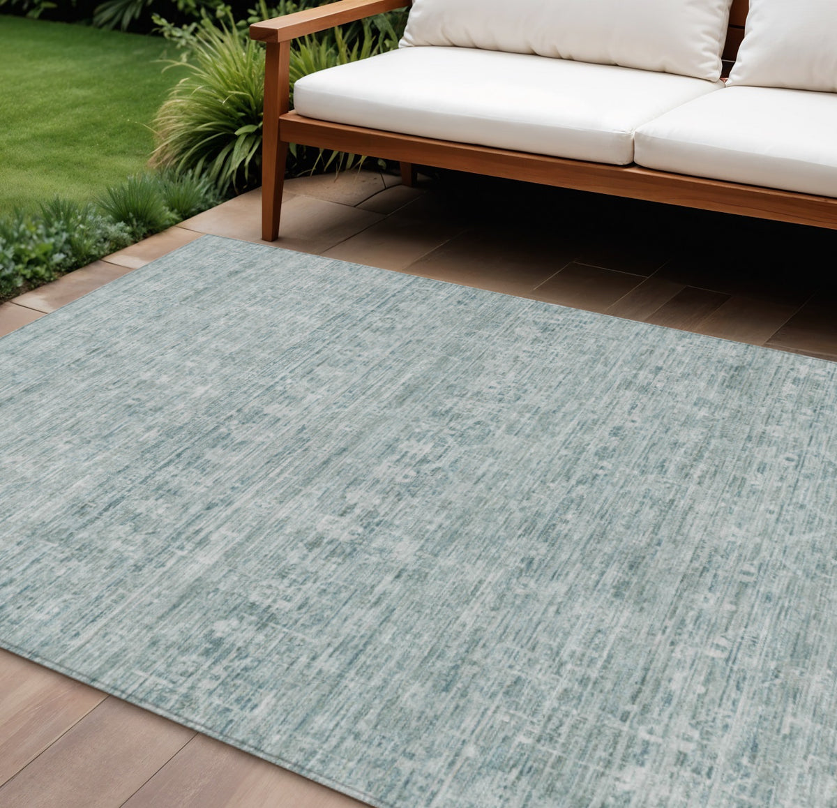 9 X 12 Turquoise And Ivory Striped Washable Indoor Outdoor Area Rug
