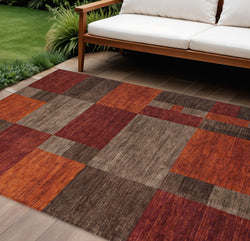 9 X 12 Chocolate Taupe And Orange Geometric Washable Indoor Outdoor Area Rug