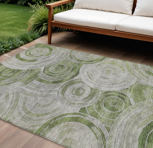 10 X 14 Artichoke Green And Silver Geometric Washable Indoor Outdoor Area Rug