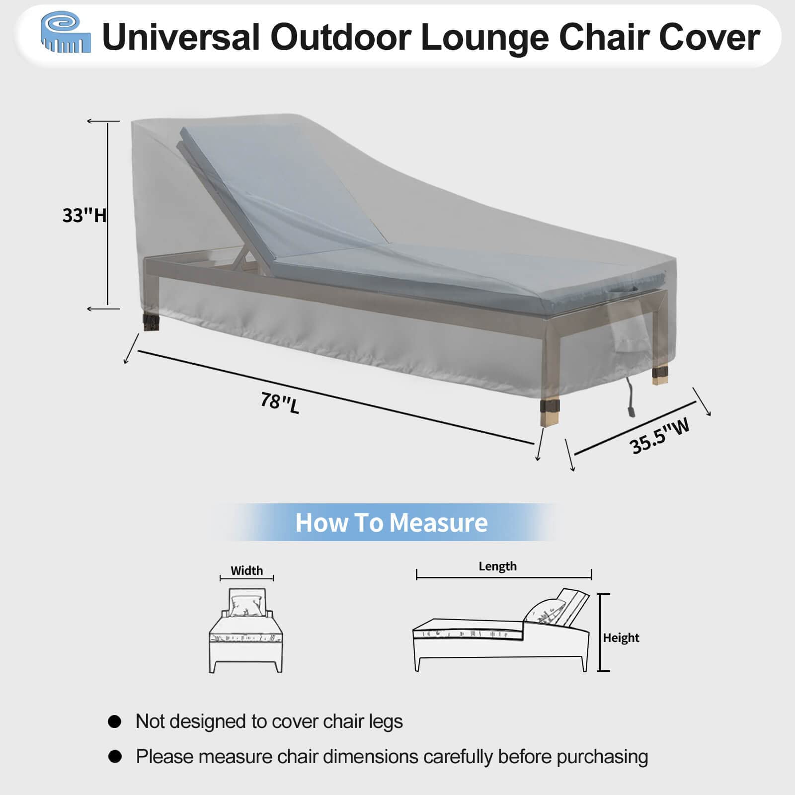Outdoorlines Outdoor Waterproof Patio Chaise Lounge Chair Cover - Uv Resistant Lounger Covers Heavy Duty Weatherproof Patio Sofa Furniture Covers, 2 Packs, 78Wx35.5Dx33H Inches, Gray