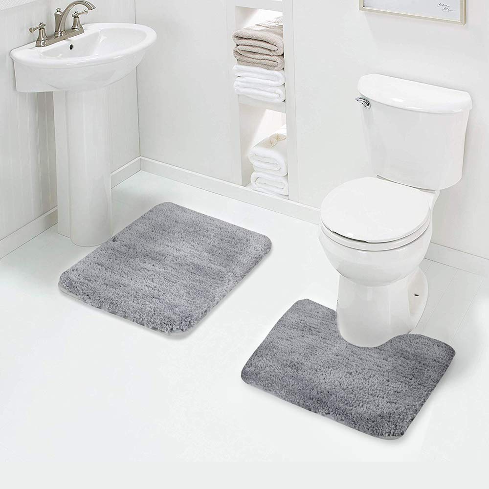 Walensee Shaggy 2 Piece Bath Rug Sets (Grey) 20 x 24 Non Slip, U Shape Contour Rug & 20 x 32, Machine Wash/Dry Plush Absorbent B