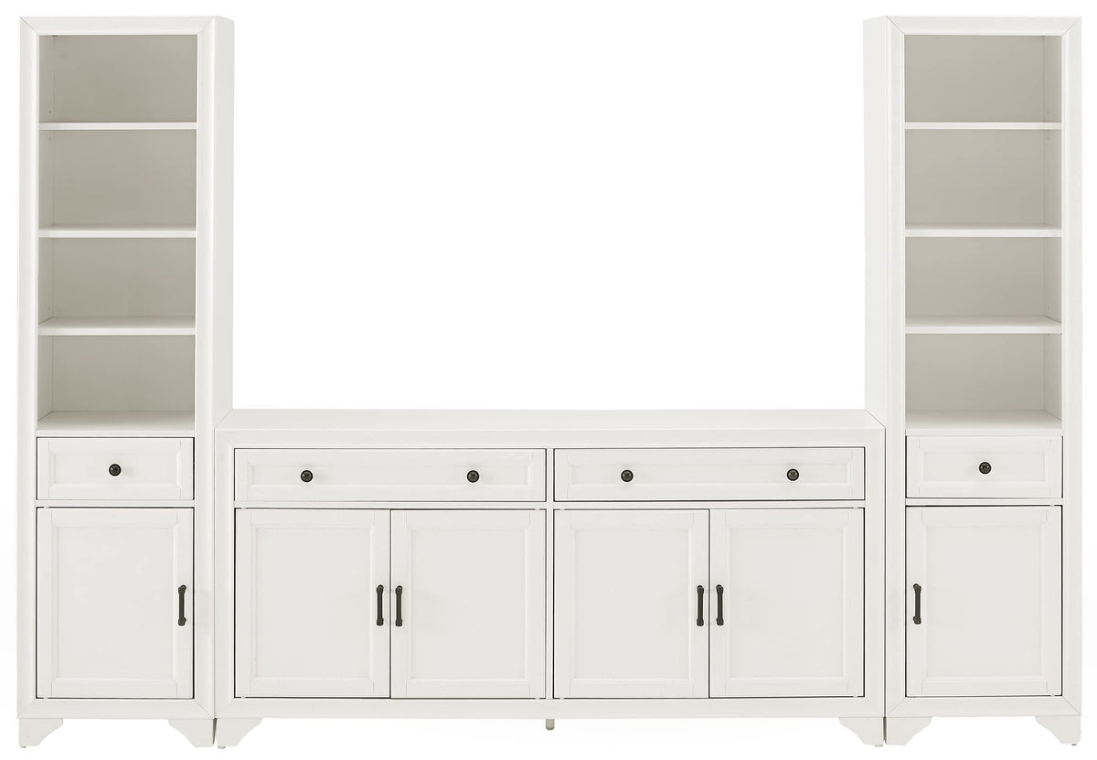 Crosley Furniture Tara 3-Piece Modern Farmhouse Sideboard Buffet Cabinet and Bookcase Set with Storage, Distressed White