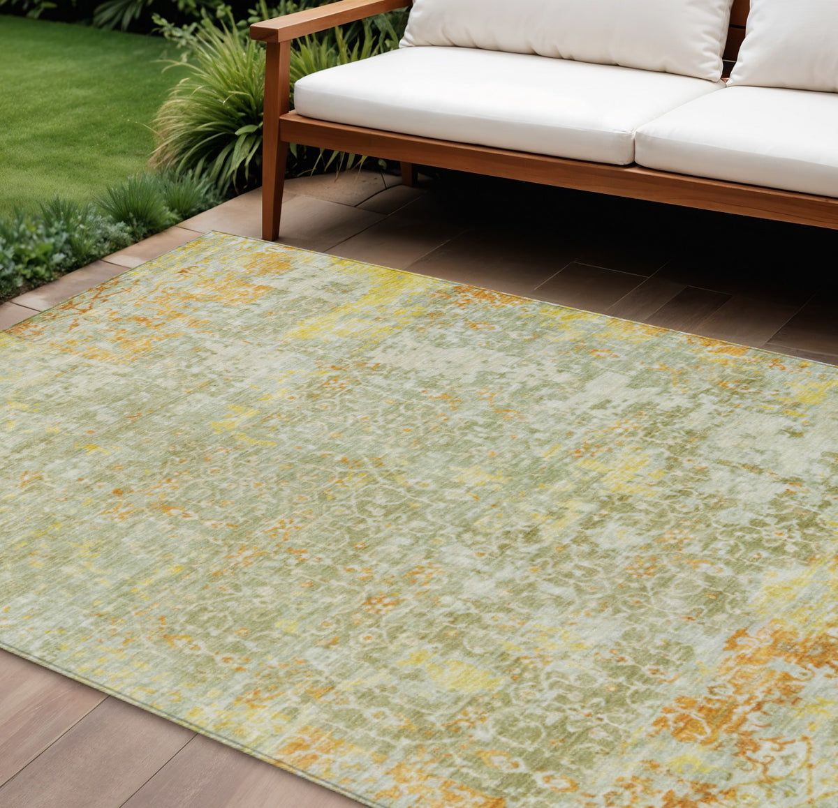 10 X 14 Sage And Gold Abstract Washable Indoor Outdoor Area Rug