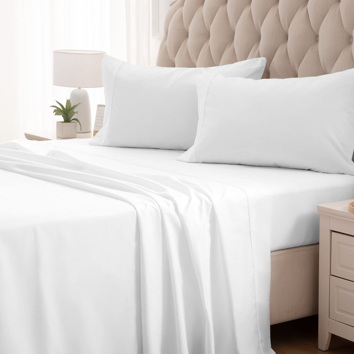 Sleep Zone Nanotex Super Soft Cooling Full Size Bed Sheets Set 4 Piece - Easy Care Fitted Flat Sheet & Pillowcase Sets - Wrinkle Free, Fade Resistant, Deep Pocket 16' (White, Full)