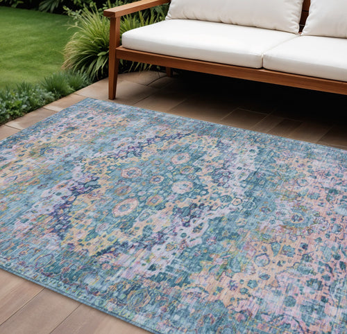 10 X 14 Denim Blue Beige And Pink Floral Washable Indoor Outdoor Area Rug