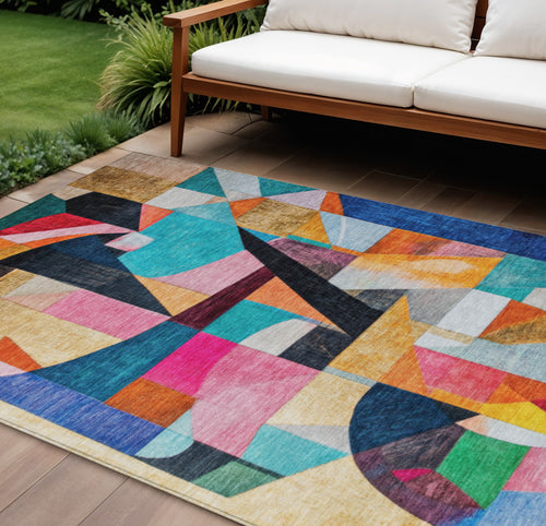 10 X 14 Blue Orange Pink And Yellow Abstract Washable Indoor Outdoor Area Rug