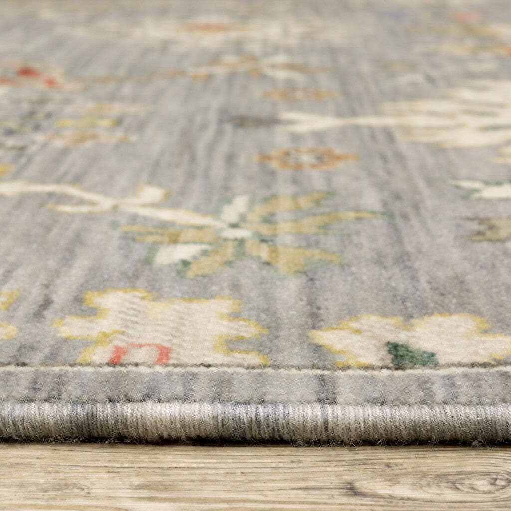 HomeRoots 509323 10 x 13 ft. Gray Ivory Gold Salmon Red Blue & Green Oriental Power Loom Stain Resistant Rectangle Area Rug with Fringe