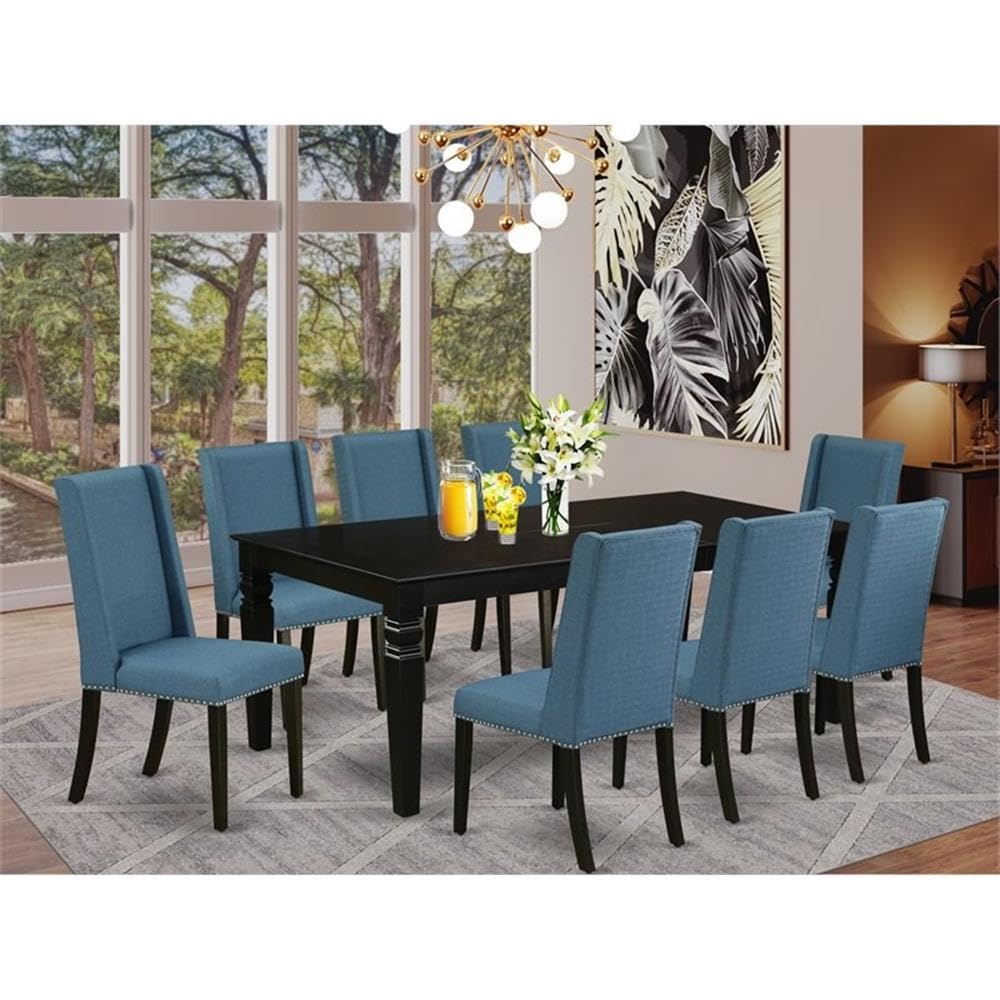 East West Furniture Lgfl9-Blk-21 9 Piece Kitchen Table Set Includes A Rectangle Dining Table With Butterfly Leaf And 8 Blue Linen Fabric Parson Dining Chairs, 42X84 Inch, Black