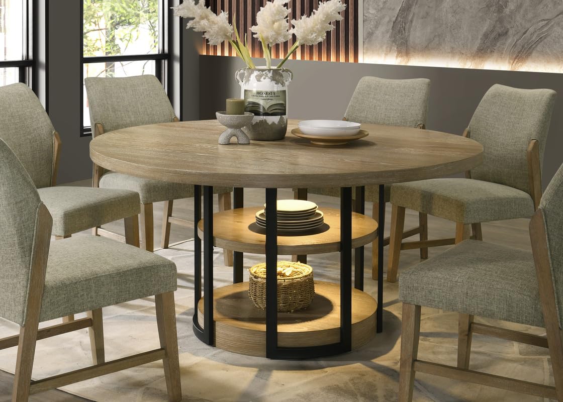 LILOLA LIVING Eden 59' Round Rustic Oak Dining Table with LED Light, Black Metal Frame, Shelves