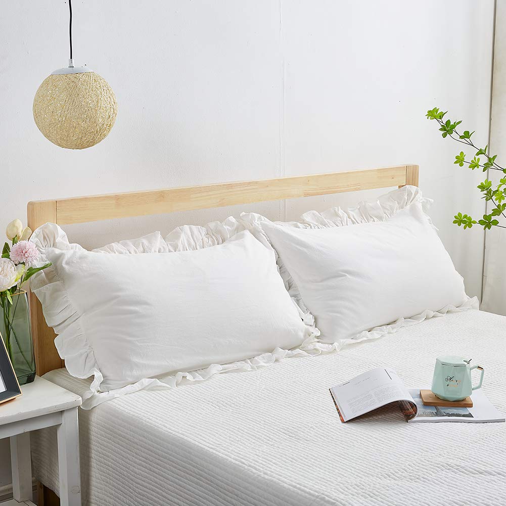 Mywinlle Shabby Off White Ruffle Pillow Shams Standard Size Set Of 2, Washed Cotton Farmhouse Pillowcases Pillow Cover 20''X26''