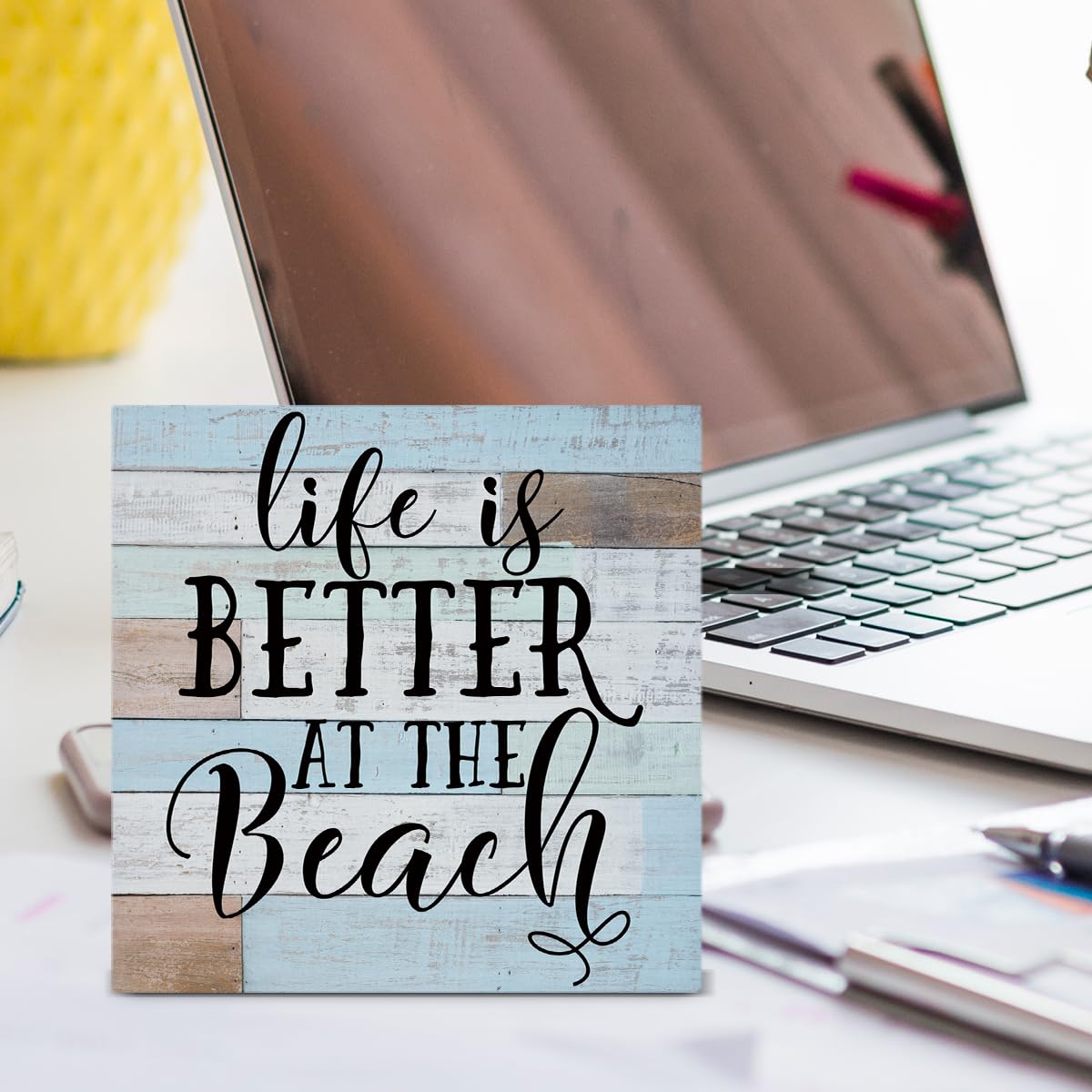 Hoijaumai Life Is Better At The Beach Wooden Box Sign Desk Decor, Beach House Sign Beach Life Quote Wood Sign For Home Beach Hou