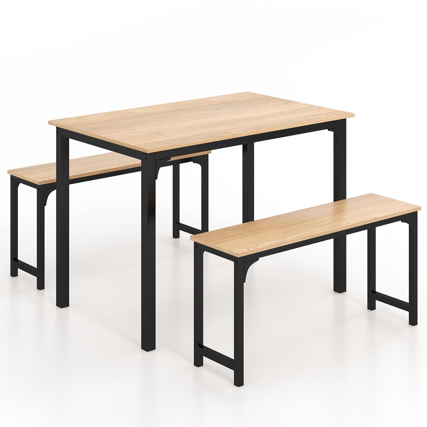 TANGZON Dining Table with 2 Benches, 3 Pieces Steel Frame Kitchen Table Set, Industrial 4-6 Person Breakfast Dining Table and Ch