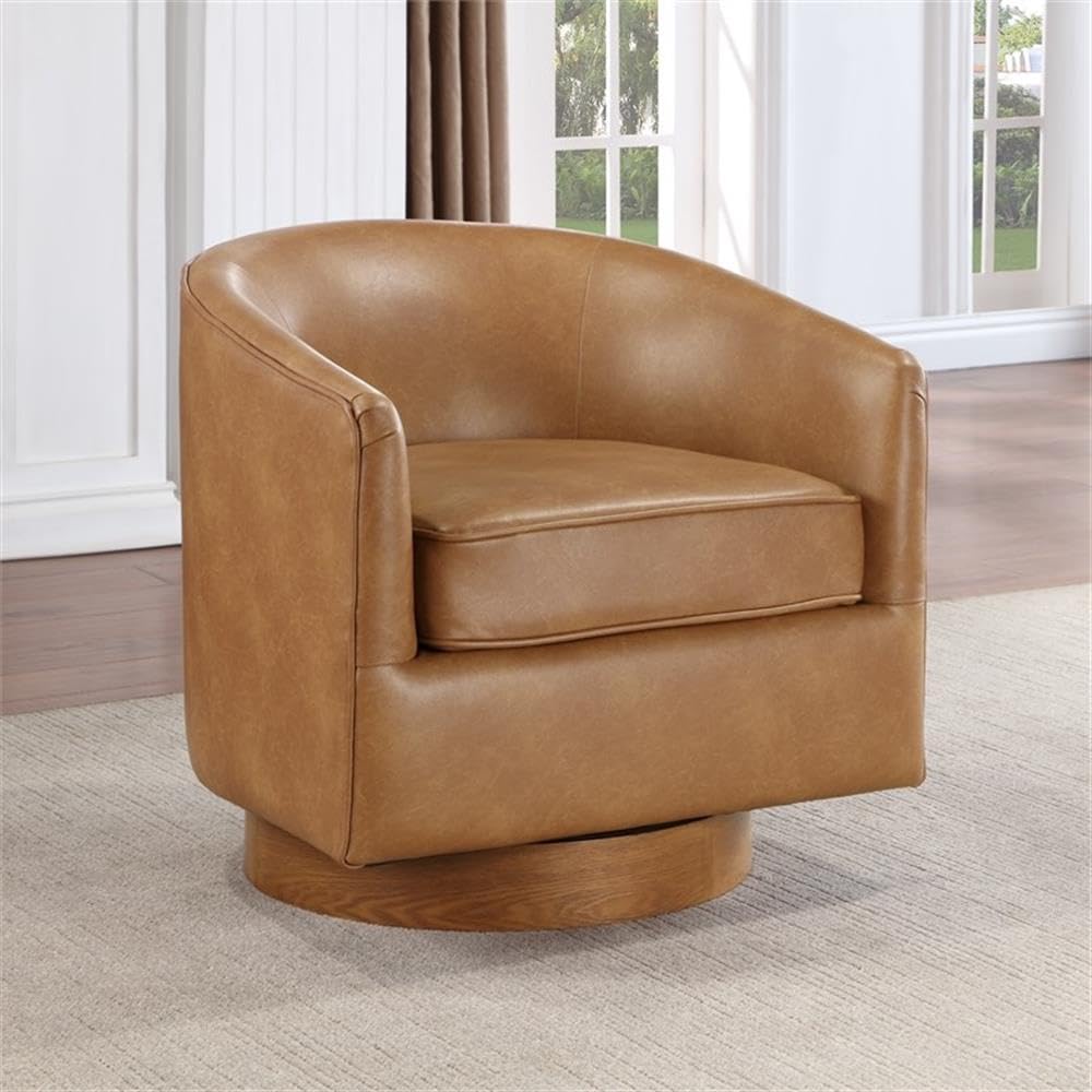 Comfort Pointe Irving Saddle Brown Faux Leather Wood Base Barrel Swivel Chair