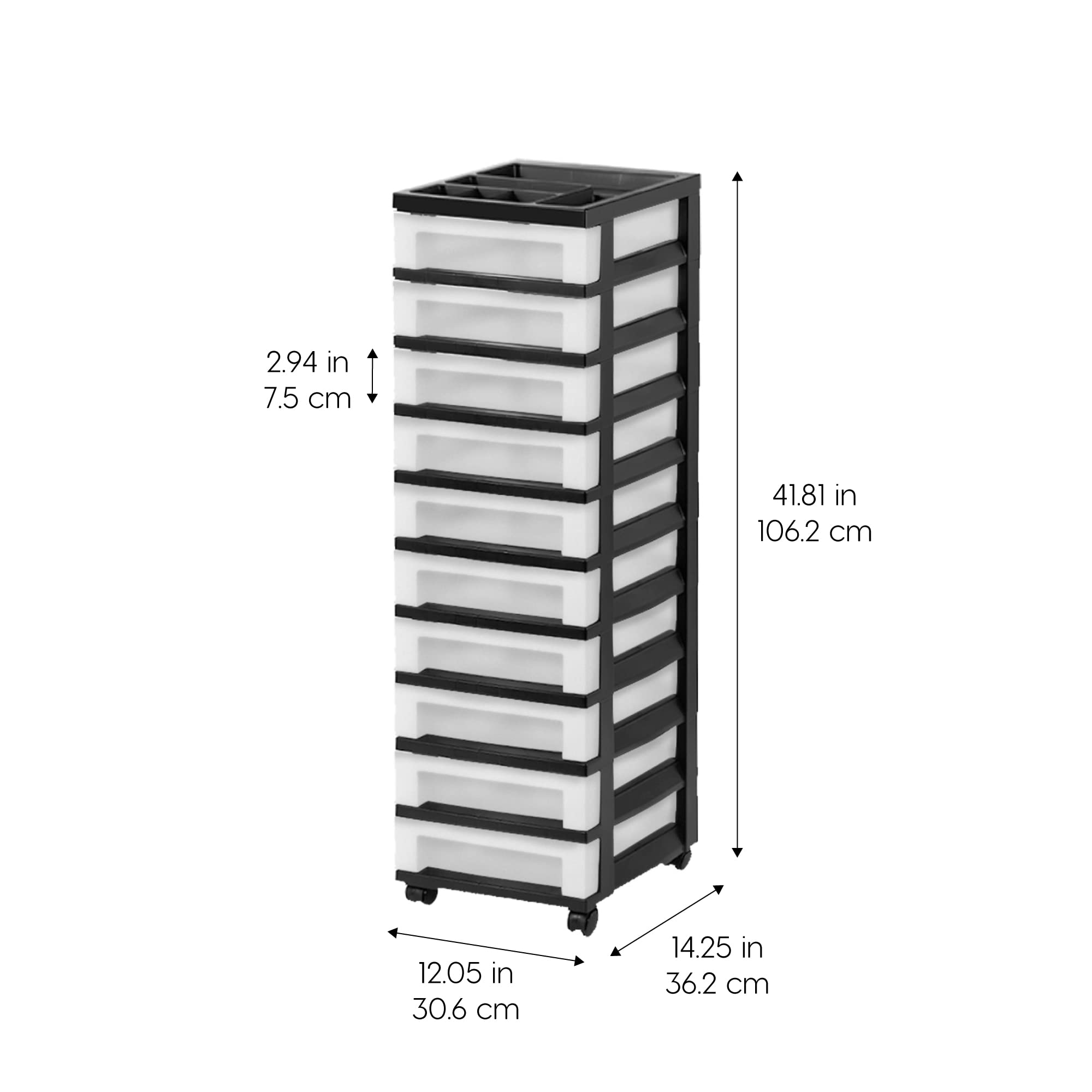 Iris Usa Plastic Drawer Storage Organizer Rolling Cart, With Wheels Casters, 10-Drawers, For Classroom Art Craft Supplies Dresser Closet Bathroom Bedroom, Top Organizer For Small Parts, Black/Pearl