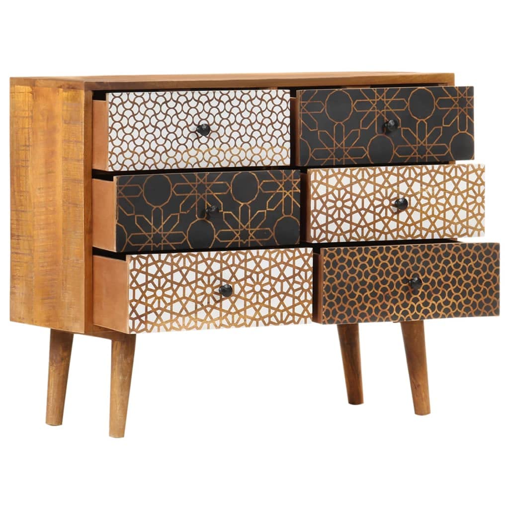 vidaXL Solid Mango Wood Sideboard with Printed Pattern - Mid-Century Inspired, Polished & Lacquered, Secure Wall Attachment, Ample Storage with 6 Drawers, Unique Grain and Contour