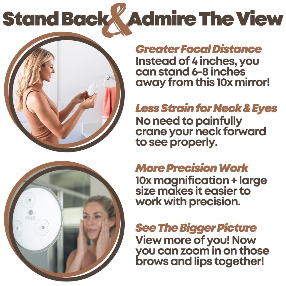 Mavoro 9 Inch Magnifying Mirror with 10X Magnification, Clear Glass, 3 Suction Cups, Model 9INMM