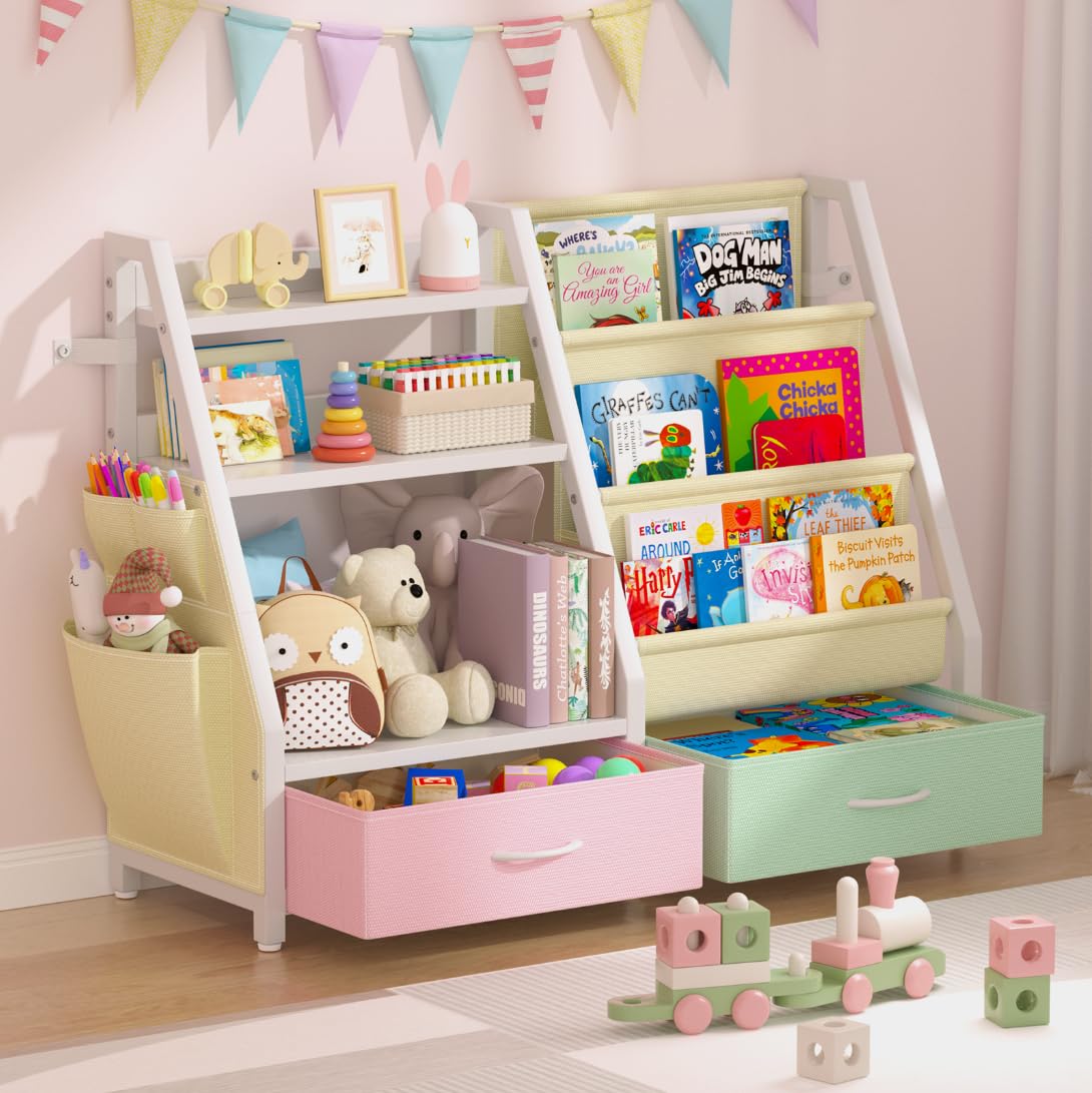 Twinkoo Kids Bookshelf and Toy Organizer, Sturdy 3 Tier Kids Bookcase, Sling Bookshelf and 2 Toy Bins, Toddler Montessori Book S
