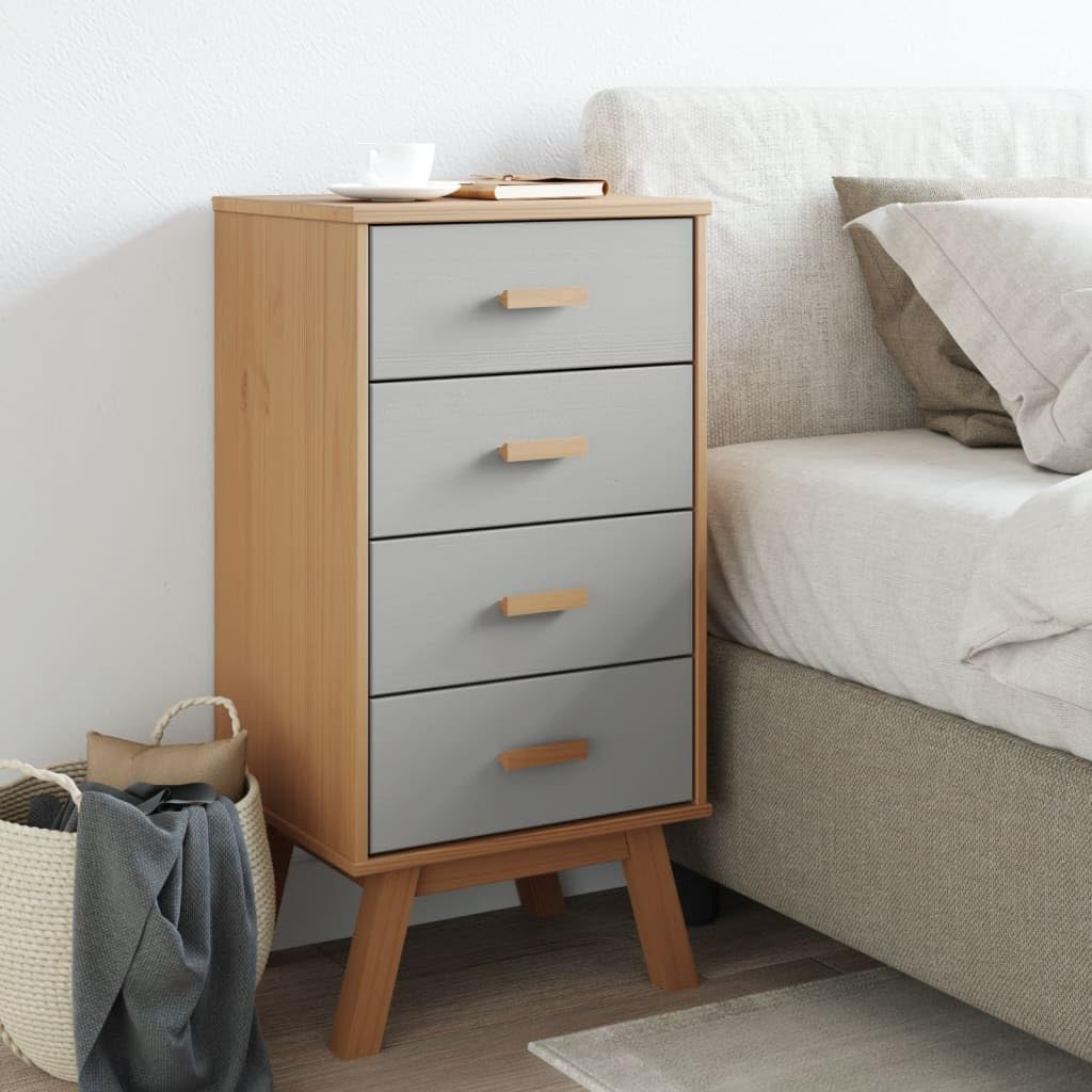 vidaXL Olden Bedside Cabinet - Scandinavian Solid Pine Wood Nightstand in Gray/Brown with 4 Drawers - 17.7" x 15.4" x 35.4" for Bedroom Storage