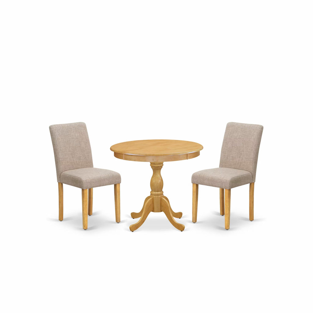 East West Furniture AMAB3-OAK-04 3 Piece Dining Set Contains a Round Kitchen Table with Pedestal and 2 Light Tan Linen Fabric Parson Dining Room Chairs, 36x36 Inch, Oak