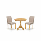 East West Furniture AMAB3-OAK-04 3 Piece Dining Set Contains a Round Kitchen Table with Pedestal and 2 Light Tan Linen Fabric Parson Dining Room Chairs, 36x36 Inch, Oak
