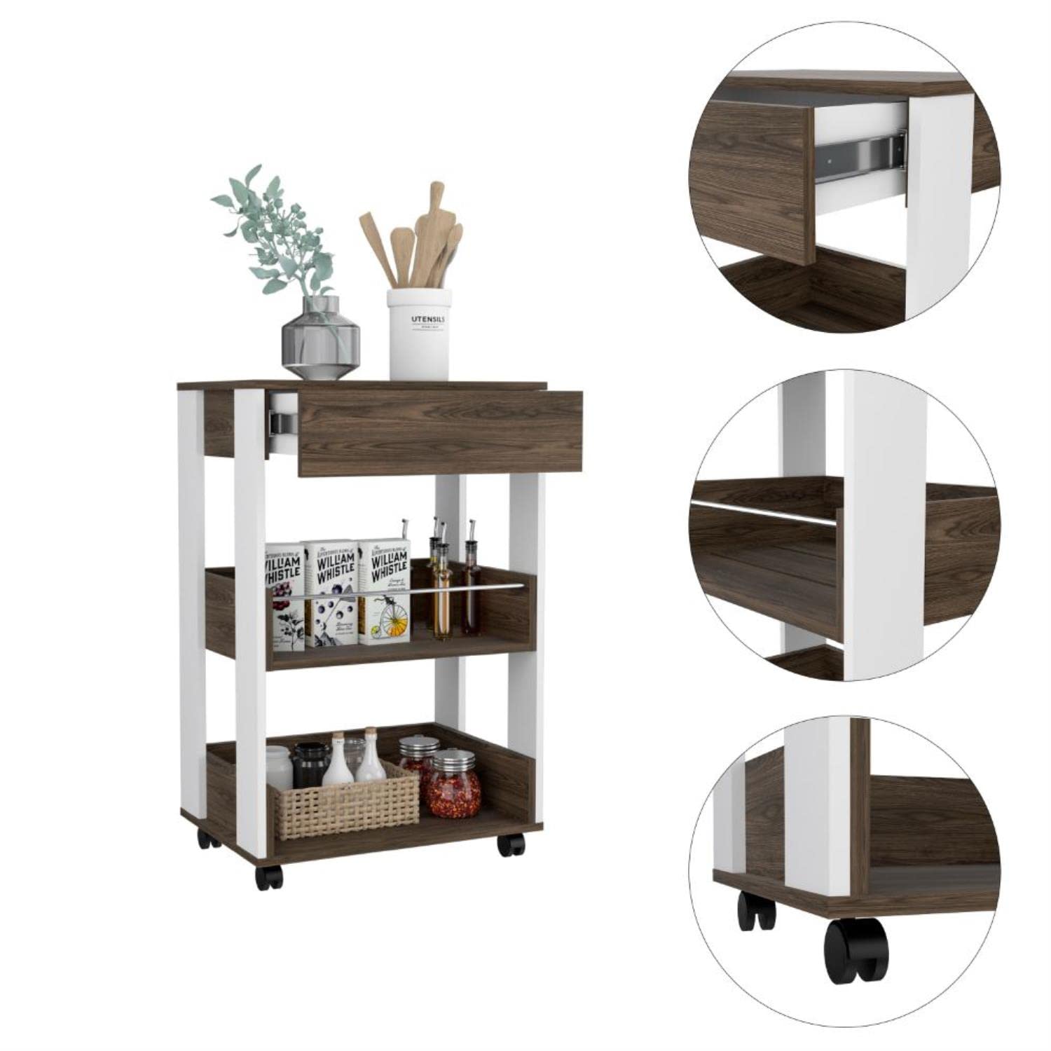 Modern Kitchen Cart 35" H, 4 Casters, 3 Shelves, White/Dark Walnut